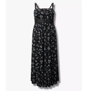 Torrid Maxi Lace Up Tiered Dress Black Ditsy Floral Adjustable Straps Sleeveless